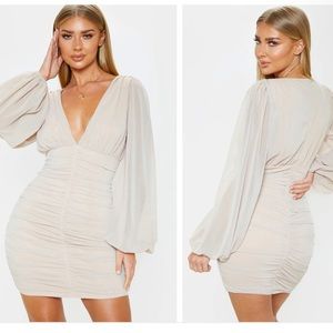 Pretty Little Thing Tan Rouched Mesh Dress
